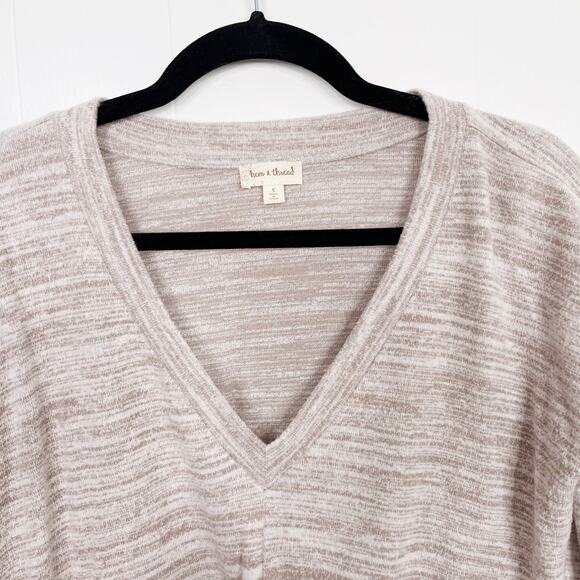 Hem & Thread Spacedye VNeck Twist Front Long Sleeve Brown Taupe Small S Womens - Picture 3 of 7